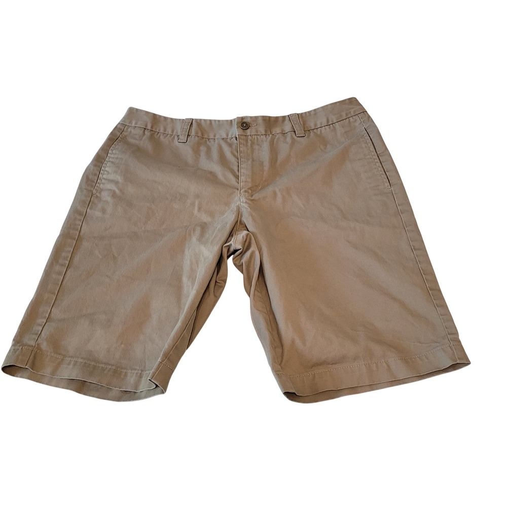 Lands' End Chino Bermuda Shorts Womens 10 Khaki Tan Mid Rise Cotton Blend Casual